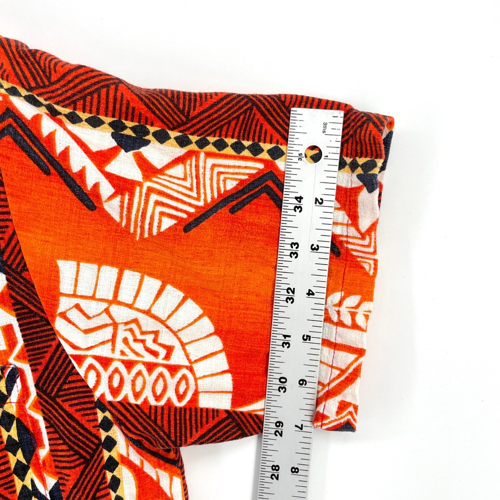 VTG 70s Orange Tribal Print Hawaiian Barkcoth Shirt Short Sleeve Mens Small - Picture 7 of 9